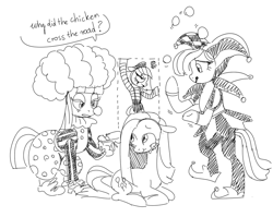 Size: 1000x796 | Tagged: artist needed, safe, derpibooru import, limestone pie, marble pie, maud pie, pinkie pie, /mlp/, bipedal, black and white, clown, clown makeup, drawthread, female, grayscale, jester, joke, juggling, mime, monochrome, pinkamena diane pie, requested art, sibling love, simple background, sisterly love, teary eyes, white background