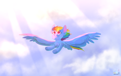 Size: 3000x1900 | Tagged: safe, artist:glitterstar2000, derpibooru import, rainbow dash, pegasus, pony, cloud, crepuscular rays, female, flying, large wings, mare, solo, spread wings, wings