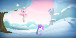 Size: 4500x2284 | Tagged: safe, artist:vito, cozy glow, princess flurry heart, alicorn, pegasus, pony, a better ending for cozy, canterlot, female, filly, glowing horn, horn, looking at each other, magic, smiling, snow, snowball, spread wings, telekinesis, tree, underhoof, winter