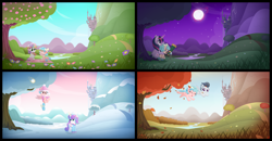 Size: 9249x4816 | Tagged: safe, artist:vito, cozy glow, princess flurry heart, rumble, sweetie belle, twilight sparkle, twilight sparkle (alicorn), alicorn, pegasus, pony, unicorn, a better ending for cozy, autumn, canterlot, colt, cover art, eyes closed, fanfic art, female, filly, flowers, four seasons, glowing horn, horn, leaves, magic, male, night, open mouth, pointing, sitting, smiling, snow, spread wings, spring, summer, telekinesis, tree, winter