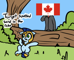 Size: 806x648 | Tagged: safe, artist:neuro, edit, oc, oc only, oc:anon, human, pony, armor, belly button, canada, canadian flag, chin scratch, dialogue, female, green eyes, guardsmare, helmet, hiding, hoof shoes, log, mare, open mouth, radio, royal guard, tree