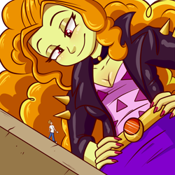 Size: 3000x3000 | Tagged: safe, artist:titantigress, adagio dazzle, oc, oc:vanilla beam, human, equestria girls, breasts, cleavage, clothes, duo, female, giantess, hands on hip, high res, jacket, lidded eyes, macro, male, micro, nail polish, size difference, smiling, spikes