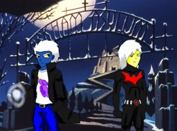 Size: 2015x1488 | Tagged: safe, artist:israelyabuki, oc, oc only, oc:epsilon wolf, oc:israel yabuki, equestria girls, abs, batman, batman beyond, batman the animated series, clothes, gothic, male, serious, white hair