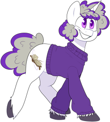 Size: 1125x1246 | Tagged: safe, artist:2k.bugbytes, oc, oc only, oc:boysenberry, pony, unicorn, ponybooru collab 2021, clothes, commission, male, simple background, solo, sweater, transparent background, unshorn fetlocks