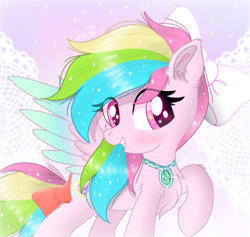 Size: 1161x1100 | Tagged: safe, artist:jadebreeze115, derpibooru import, oc, oc:star aura, pegasus, pony, adorkable, blushing, bow, cherry blossoms, chest fluff, colored wings, cute, dork, ear fluff, ears, ethereal mane, ethereal tail, ethereal wings, flower, flower blossom, gradient wings, jewelry, multicolored hair, necklace, pink eyes, smiling, solo, spread wings, tail bow, wingding eyes, wings