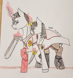Size: 2870x3037 | Tagged: safe, artist:agdapl, derpibooru import, pony, unicorn, boots, chainsaw, duo, glasses, glowing horn, horn, knife, magic, male, medic, ponified, raised hoof, raised leg, shoes, signature, stallion, team fortress 2, telekinesis, traditional art