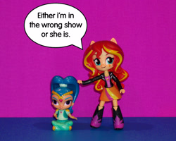 Size: 1250x1000 | Tagged: safe, derpibooru exclusive, derpibooru import, sunset shimmer, equestria girls, doll, equestria girls minis, photo, shimmer and shine, toy, word balloon, word bubble