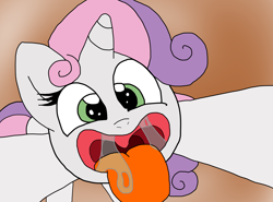 Size: 2160x1600 | Tagged: safe, artist:edwardhamham, derpibooru import, sweetie belle, pony, unicorn, drool, drool string, esophagus, female, female pred, filly, filly pred, filly predator, gullet, imminent vore, looking at you, mawshot, offscreen character, open mouth, oral invitation, pov, saliva puddle, salivating, slimy, sweetiepred, taste buds, tongue, tongue out, uvula