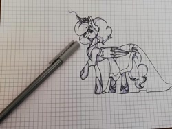 Size: 1080x810 | Tagged: safe, artist:tessa_key_, derpibooru import, alicorn, pony, alicornified, ear fluff, ears, eyelashes, glowing horn, graph paper, hoof shoes, horn, jewelry, pen, peytral, pink diamond (steven universe), ponified, race swap, raised hoof, raised leg, solo, steven universe, tiara, traditional art