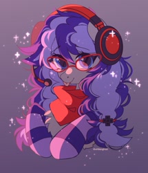 Size: 1716x1995 | Tagged: safe, artist:whiteliar, derpibooru import, oc, oc only, oc:cinnabyte, earth pony, pony, adorkable, bandana, chest fluff, clothes, cute, dork, female, gaming headset, glasses, headphones, headset, looking at you, mare, socks, solo, striped socks, tongue, tongue out