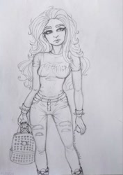 Size: 726x1024 | Tagged: safe, artist:maryhoovesfield, derpibooru import, oc, oc only, human, bag, clothes, eyelashes, female, grayscale, humanized, lineart, monochrome, pants, traditional art