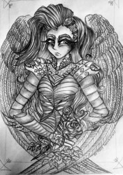 Size: 720x1024 | Tagged: safe, artist:maryhoovesfield, derpibooru import, oc, oc only, human, armor, bust, eyelashes, female, frown, grayscale, humanized, monochrome, signature, solo, traditional art, winged humanization, wings