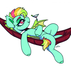 Size: 1920x1792 | Tagged: safe, artist:kotya, derpibooru import, oc, oc only, oc:kokomo, bat pony, alcohol, bowtie, female, hammock, mare, martini, simple background, white background, wings