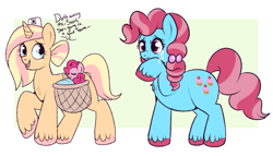 Size: 961x551 | Tagged: safe, artist:lulubell, derpibooru import, cup cake, pinkie pie, oc, earth pony, pony, unicorn, adoption, alternate universe, baby, baby pie, baby pony, chest fluff, chiffon swirl, female, filly, foal, freckles, mare, mother and child, mother and daughter, nurse, parent and child, saddle basket, teary eyes, younger