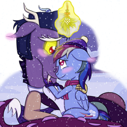 Size: 1280x1281 | Tagged: safe, artist:puresthope125, derpibooru import, discord, rainbow dash, draconequus, pegasus, pony, blushing, clothes, discodash, ears, female, floppy ears, hat, looking at each other, looking into each others eyes, male, mistletoe, mittens, scarf, shipping, simple background, snow, snowfall, straight, transparent background