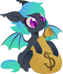 Size: 2144x2500 | Tagged: safe, artist:belka-sempai, derpibooru import, oc, oc only, oc:moondrive, bat pony, mascot, money, rubronycon, simple background, solo, transparent background