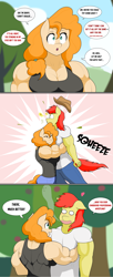 Size: 2147x5241 | Tagged: safe, artist:matchstickman, bright mac, pear butter, anthro, earth pony, abs, bear hug, biceps, breasts, brightbutter, busty pear butter, clothes, deltoids, dialogue, female, giving up the ghost, hug, husband and wife, male, matchstickman's pear buffer series, muscles, muscular female, open mouth, pear buffer, pecs, shipping, speech bubble, straight, this ended in pain