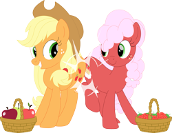 Size: 3557x2742 | Tagged: safe, artist:porygon2z, derpibooru import, applejack, oc, oc:strawberry fluffcake, earth pony, apple, butt to butt, butt touch, food, strawberry