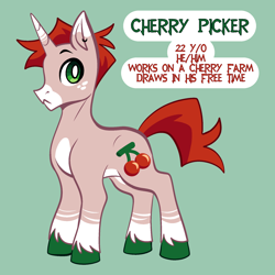 Size: 2000x2000 | Tagged: safe, artist:vodkamewtwoni, derpibooru import, oc, oc only, oc:cherry picker, pony, unicorn, cutie mark, freckles, ponysona, reference sheet, self insert, solo, text