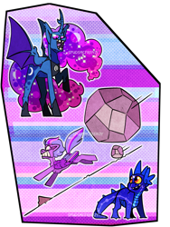 Size: 2625x3500 | Tagged: safe, artist:spudsmcfrenzy, derpibooru import, nightmare moon, spike, twilight sparkle, alicorn, bear, pegasus, pony, ursa, ursa minor, alternate design, alternate universe, boulder, pegasus twilight sparkle, race swap, story included