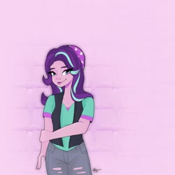 Size: 1080x1080 | Tagged: safe, artist:twiskielulamoon, derpibooru import, starlight glimmer, equestria girls, beanie, clothes, eyelashes, female, hat, pink background, signature, simple background, smiling, solo, torn clothes, vest