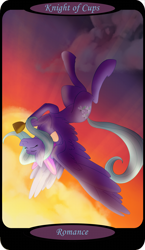 Size: 1500x2591 | Tagged: safe, artist:sixes&sevens, derpibooru import, part of a set, flitter, pegasus, eyes closed, female, flying, goblet, knight of cups, minor arcana, solo, sunset, tarot card, upside down