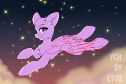 Size: 3000x2000 | Tagged: safe, artist:etoz, derpibooru import, pony, advertisement, auction, auction open, cloud, commission, constellation, flying, generic pony, happy, horn, in the sky, sky, smiling, starry eyes, stars, wingding eyes, wings, ych example, your character here, your character here auction