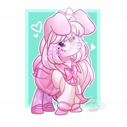 Size: 1920x1920 | Tagged: safe, artist:alinabrony-29, artist:honkingmother, derpibooru import, oc, oc only, bow, bowtie, bunny ears, clothes, dress, heart, looking at you, skirt, smiling, solo