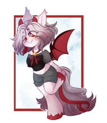 Size: 1784x2048 | Tagged: safe, artist:honkingmother, derpibooru import, oc, oc only, anthro, bat pony, demon, demon pony, unguligrade anthro, bat wings, bell, blouse, clothes, grin, horns, midriff, ribbon, see-through, shorts, smiling, solo, wings