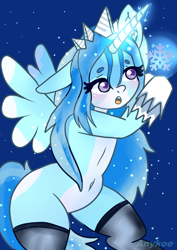 Size: 2480x3508 | Tagged: safe, artist:anykoe, derpibooru import, oc, alicorn, semi-anthro, alicorn oc, clothes, horn, magic, snow, snowfall, snowflake, socks, solo, wings