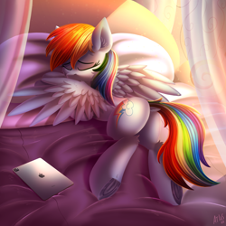 Size: 5000x5000 | Tagged: safe, alternate version, artist:atlas-66, derpibooru import, rainbow dash, pegasus, pony, absurd resolution, adorasexy, bed, butt, clothes, cute, day, dock fluff, eyes closed, female, frog (hoof), grooming, ipad, lying down, mare, prone, rainbutt dash, see-through, sexy, stupid sexy rainbow dash, tablet, underhoof, wings