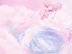 Size: 2048x1530 | Tagged: safe, artist:honkingmother, derpibooru import, oc, oc only, pony, unicorn, cloud, colored horn, curved horn, horn, lying down, lying on a cloud, on a cloud, solo