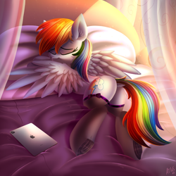 Size: 5000x5000 | Tagged: safe, alternate version, artist:atlas-66, derpibooru import, rainbow dash, pegasus, pony, absurd resolution, adorasexy, bed, butt, clothes, cute, day, dock fluff, eyes closed, female, frog (hoof), grooming, ipad, lying down, mare, prone, rainbutt dash, see-through, sexy, stockings, stupid sexy rainbow dash, thigh highs, underhoof, wings