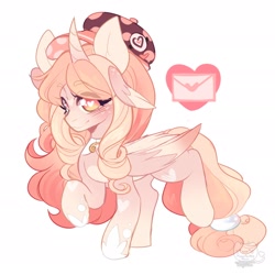 Size: 1920x1920 | Tagged: safe, artist:honkingmother, derpibooru import, oc, oc only, alicorn, pony, blushing, cap, hat, heart eyes, looking at you, smiling, solo, wingding eyes