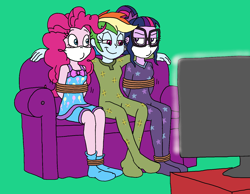 Size: 1544x1201 | Tagged: safe, artist:bugssonicx, derpibooru import, pinkie pie, rainbow dash, sci-twi, twilight sparkle, equestria girls, arm behind back, bondage, bound and gagged, cloth gag, clothes, footed sleeper, gag, rope, rope bondage, smiling, socks, sofa, stocking feet, television, tied up