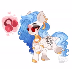 Size: 1920x1920 | Tagged: safe, artist:honkingmother, derpibooru import, oc, oc only, hybrid, pony, zony, bracelet, colored hooves, ear piercing, earring, eyeshadow, headphones, jewelry, lidded eyes, makeup, neck rings, necklace, piercing, quadrupedal, ring, simple background, solo, sunglasses, tail, tail ring, unshorn fetlocks, white background, zoomorphic