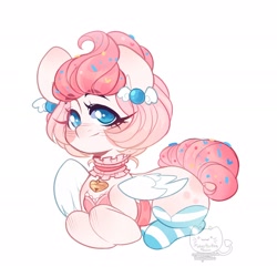 Size: 1920x1920 | Tagged: safe, artist:honkingmother, derpibooru import, oc, oc only, pegasus, pony, bell, choker, clothes, ear piercing, earring, food, jewelry, looking at you, piercing, smiling, socks, solo, sprinkles, striped socks, thigh highs