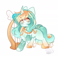 Size: 1920x1920 | Tagged: safe, artist:honkingmother, derpibooru import, oc, oc only, pony, unicorn, artificial wings, augmented, blushing, clothes, curved horn, harp, heart eyes, horn, looking at you, magic, magic wings, musical instrument, smiling, socks, solo, wingding eyes, winged hooves, wings