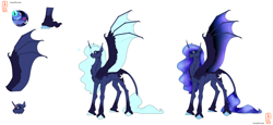 Size: 5000x2300 | Tagged: safe, artist:anelaponela, derpibooru import, princess luna, alicorn, pony, bat wings, cheek fluff, colored wings, ear fluff, ears, ethereal mane, fangs, female, freckles, headcanon, horn, hybrid wings, leonine tail, looking at you, redesign, reference sheet, simple background, slit eyes, solo, starry mane, starry wings, travelersverse, wings