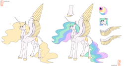 Size: 4400x2360 | Tagged: safe, artist:anelaponela, derpibooru import, princess celestia, alicorn, pony, cheek fluff, ear fluff, ears, female, freckles, headcanon, horn, leonine tail, looking at you, palindrome get, redesign, reference sheet, simple background, smiling, smiling at you, solo, travelersverse, wings