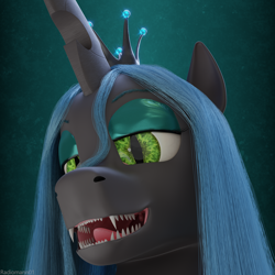 Size: 3840x3840 | Tagged: safe, artist:radiomann01, derpibooru import, queen chrysalis, changeling, changeling queen, 3d, blender, blender cycles, fangs, female, high res, looking at you, mawshot, open mouth, render, sharp teeth, simple background, smiling, smug, solo, teeth, uvula