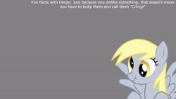 Size: 1920x1080 | Tagged: safe, derpibooru import, derpy hooves, pegasus, fun fact, gray background, scrunchy face, simple background, text