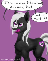 Size: 1100x1400 | Tagged: safe, artist:rockhoppr3, derpibooru import, oc, oc:ace hearts, earth pony, pony, asexual, asexuality, chest fluff, sad, solo, speech bubble