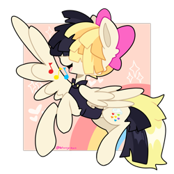 Size: 2619x2619 | Tagged: safe, artist:blurry-kun, derpibooru import, songbird serenade, pegasus, pony, my little pony: the movie, bow, clothes, commission, commissioner:reversalmushroom, cute, female, flying, hair bow, hair over eyes, happy, heart, mare, music notes, open mouth, rainbow, singing, songbetes