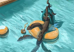 Size: 2048x1448 | Tagged: safe, artist:toisanemoif, derpibooru import, queen chrysalis, changeling, pony, cute, cutealis, female, looking at you, mare, pool toy, solo, swimming pool, water