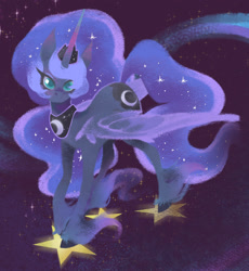 Size: 1377x1494 | Tagged: safe, artist:tinykirin, derpibooru import, princess luna, alicorn, pony, fanart, female, horn, looking at you, mare, solo, space, spread wings, stars, tangible heavenly object, unshorn fetlocks, wings
