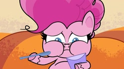 Size: 1440x808 | Tagged: safe, derpibooru import, screencap, pinkie pie, my little pony: pony life, the tiara of truth, spoiler:pony life s02e06, eating, fat, hoof hold, obese, piggy pie, pudgy pie, puffy cheeks, sad, spoon