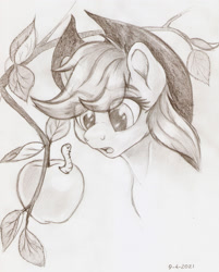 Size: 1621x2021 | Tagged: safe, artist:awalex, derpibooru import, applejack, earth pony, pony, worm, apple, food, fruit, open mouth, pencil drawing, traditional art, tree