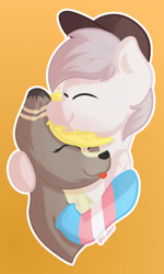 Size: 1024x1702 | Tagged: safe, artist:exobass, derpibooru import, oc, oc only, oc:canvas, oc:seleno, deer, pegasus, :p, cap, clothes, cuddling, doe, eyes closed, female, hat, hug, socks, tongue, tongue out, transgender