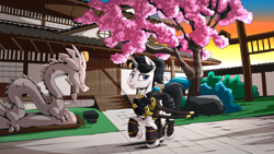 Size: 2560x1440 | Tagged: safe, artist:mysticalpha, derpibooru import, oc, oc:shiro reisu, dragon, armor, castle, cherry blossoms, flower, flower blossom, japanese, katana, sword, weapon